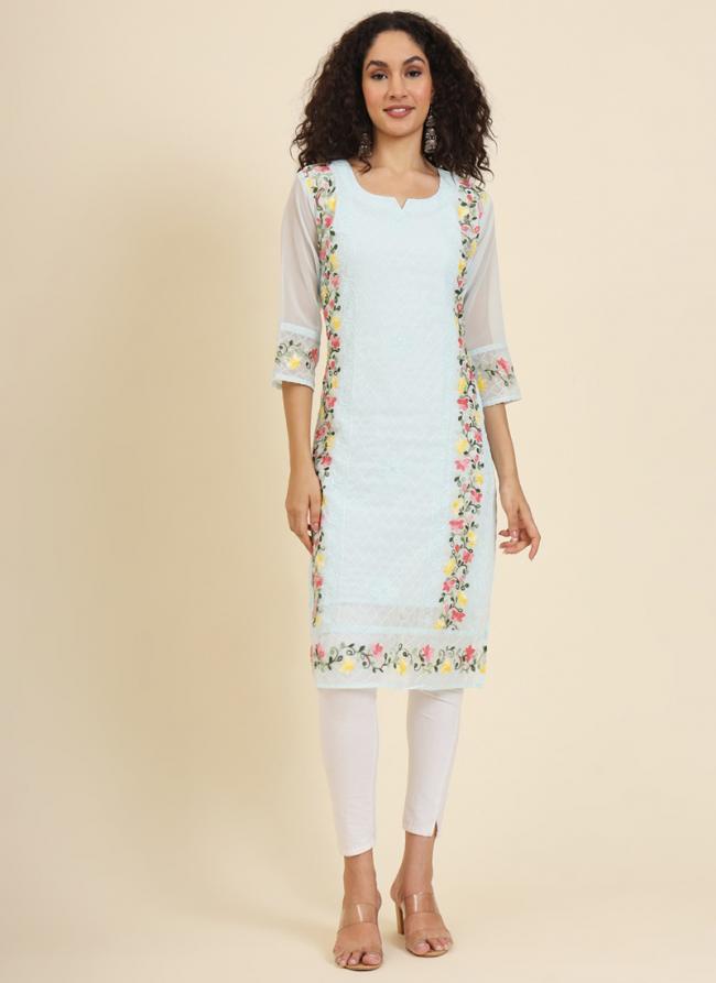 Georgette Sky Blue Festival Wear Lucknowi Chikankari Work Readymade Kurti